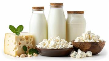 Assorted Dairy Products Including Milk, Cheese, And Cottage Cheese On A Clean White Background photo