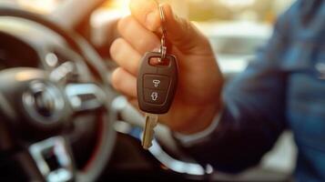 Close-Up Of Salesman Holding New Car Key In Auto Showroom photo