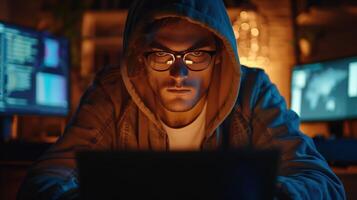 Mysterious Hooded Hacker Working on Computer in Dark Room with Multiple Monitors photo