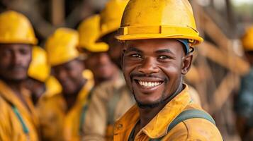 Smiling Construction Workers Wearing Safety Helmets at a Building Site photo