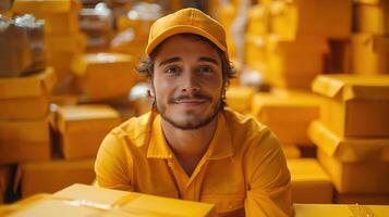 Smiling Courier in Yellow Uniform Surrounded by Packages in a Warehouse photo
