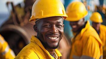 Smiling Team of Construction Workers Wearing Yellow Safety Helmets on Site photo