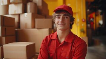 Young Courier in Red Uniform Posing in a Warehouse with Cardboard Boxes photo