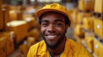 Happy Courier Wearing Yellow Uniform Smiling in Warehouse Surrounded by Boxes photo