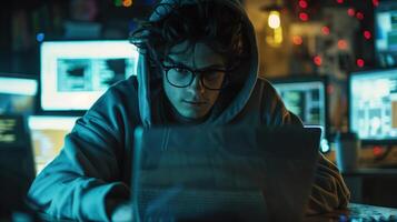 Focused Programmer Working Late On Laptop in Dimly Lit Room with Multiple Screens photo