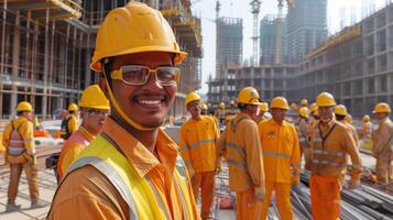 Smiling Construction Workers in Uniform and Hard Hats at a Building Site photo