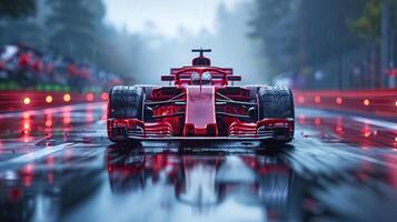 Formula 1 Race Car on a Wet Track in the Rain with Blurred Background photo