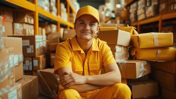 Smiling Courier in Yellow Uniform Posing in a Warehouse Full of Packages photo