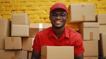 Smiling Courier in Red Uniform Posing with Boxes Against a Yellow Brick Wall photo