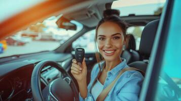 Saleswoman Holding Car Key While Sitting in New Vehicle at Dealership photo