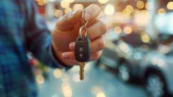 Close-Up of Salesman Holding New Car Key in Auto Showroom with Bokeh Background photo