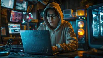 Young Programmer Working Intently on Laptop in a High-Tech Workspace photo
