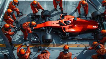 High-Angle View of Formula One Pit Stop Crew Working on Red Race Car photo