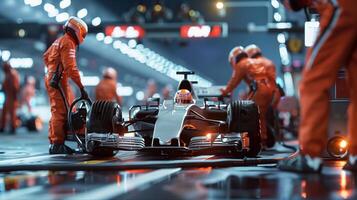 Pit Crew Preparing Formula One Race Car for Dynamic Performance in Pit Stop Area photo