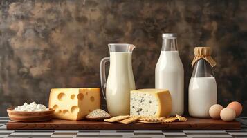Assorted Dairy Products Including Milk, Cheese, Cottage Cheese, and Eggs Arranged on Wooden Table photo