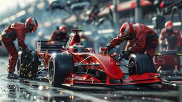 Formula One Racing Team Pit Stop with Mechanics Working on a Race Car photo