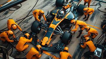 High-Angle View of Formula One Pit Stop with Crew in Action photo