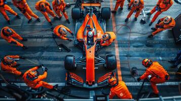 High Angle View of Formula One Pit Crew Working on Race Car during Pit Stop photo