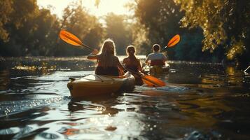 Family Kayaking on a Calm River, Sharing Laughter and Joy During Evening Sunset photo
