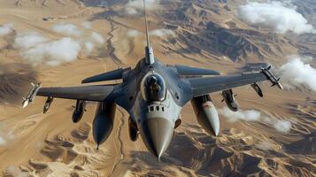 F16 Fighter Jet Soaring Above Desert Landscape with Clouds and Mountains photo