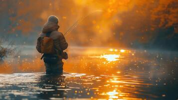 Man Fishing for Trout by Spinning on a Mountain River at Dawn with Warm Golden Light photo