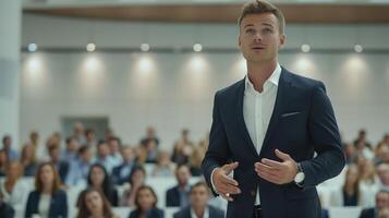 Confident Businessman In Suit Presenting To Audience In Modern Conference Room photo