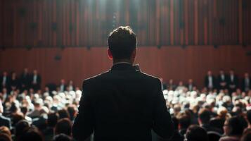 Business Executive Presenting to Large Audience in Conference Hall photo