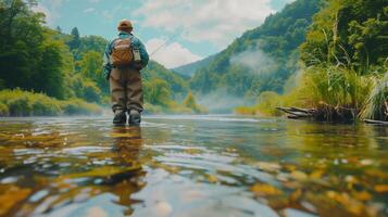Man Spinning For Trout In Scenic Mountain River Surrounded By Lush Greenery photo