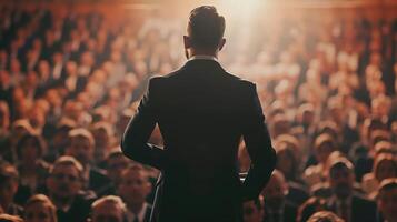 Confident Man in Suit Presenting Ideas to a Large Audience in a Conference Hall photo