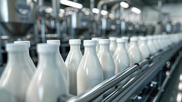 Hyper-Realistic Image of Yogurt Bottles in Production Line in Modern Factory photo