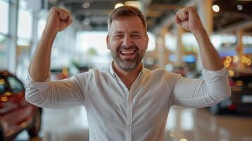 Happy Smiling Man in White Shirt Celebrating New Car Purchase at Dealership photo