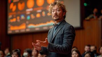 Professional Speaker Presenting Data on Stage with Engaged Audience photo