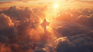 Jesús Cristo volador entre el nubes con iluminar desde el fondo durante puesta de sol foto