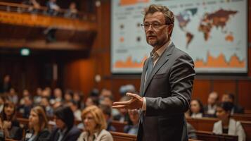 Business Speaker Giving Presentation on Global Data Analytics in Conference Hall photo