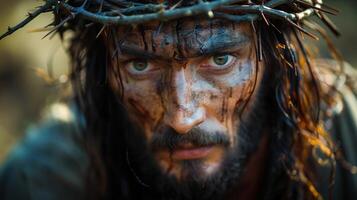 Portrait of Jesus Christ with Crown of Thorns Depicting Suffering and Sacrifice photo