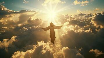 Jesus Christ Flying Among The Clouds With Radiant Backlight photo