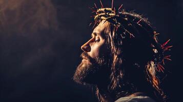 Portrait of Jesus Christ with Crown of Thorns in Contemplative Pose photo