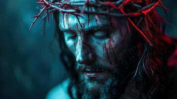 Jesus Christ Portrait with Crown of Thorns and Dramatic Lighting Depicting Suffering and Sacrifice photo