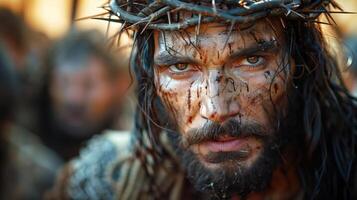 Powerful Portrait of Jesus Christ with Crown of Thorns Depicting Suffering and Sacrifice photo