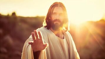 Jesús Cristo alcanzando fuera su mano con un calentar brillante ligero detrás él foto