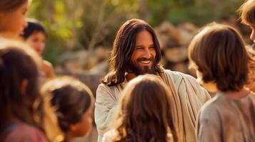 Jesus Christ Talking to Children in Natural Setting, Smiling and Engaging photo