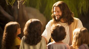 Jesus Christ Engaging with Children in a Peaceful Outdoor Setting photo