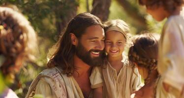 Jesus Christ Smiling and Talking with Children in a Serene Outdoor Setting photo