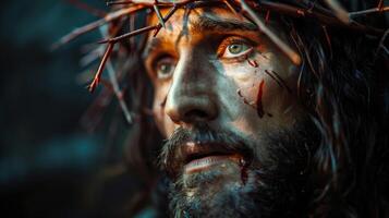 Portrait of Jesus Christ with Crown of Thorns and Blood Stains Amidst Suffering photo