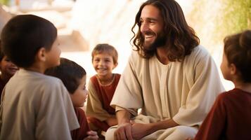 Jesus Christ Interacting Joyfully With Children Outdoors in Ancient Setting photo