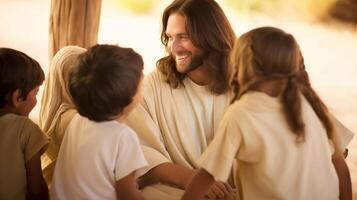 Jesus Christ Smiling and Talking to Children in Warm, Natural Setting photo