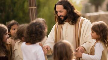 Jesus Christ Talking and Smiling with Children in a Warm and Peaceful Setting photo