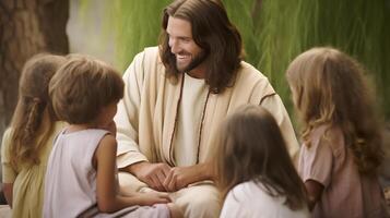 Jesus Christ Talking to Children in a Serene Outdoor Setting photo