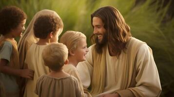 Jesus Christ Talking to Happy Children in Nature, Teaching and Sharing Love photo