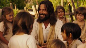 Jesus Christ Smiling and Talking with a Group of Children in a Peaceful Outdoor Setting photo